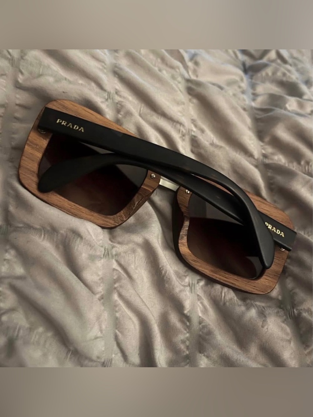 Prada Brown Wood-Effect Square Sunglasses